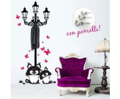 00739 Adesivi murali ''Lampione Gatti e Farfalle Appendiabiti'' - Stickers Adesivi - 82x170 cm - Fucsia, Nero - Decorazione Parete, Adesivi per Muro, Carta da Parati