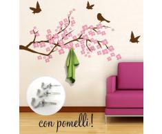 00409 Adesivo murale con ganci per appendiabiti Wall Art - Ramo di ciliegio appendiabiti - Misure 120x61 cm - marrone e rosa - Decorazione parete, adesivi per muro, carta da parati