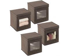 mDesign Set da 4 scatole portabiancheria - Scatole per armadi con coperchio e finestra in plastica - Scatola contenitore quadrata in tessuto sintetico per riporre vestiti e accessori - marrone scuro