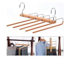 JDWBT 5 in 1 Grucce per Pantaloni in Legno, Salvaspazio Gruccia Pantaloni in Metallo, Antiscivolo Appendiabiti per Pantaloni Jeans Sciarpe Asciugamani Vestiti