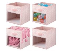 mDesign Set da 4 Contenitori per armadio - Scatole per armadi per coperte o vestitini - Scatola portaoggetti in fantasia a pois e con finestrella e maniglia - rosa e bianco