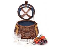 Les Jardins de la Comtesse - Piccolo Cestino da Picnic Rotondo Tuileries - Completo per 2 Persone - Vano Isotermico Fisso - Piatti in Ceramica/Bicchieri da Vino in Vetro -Tessuto Blu - 33 x 33 x 24 cm