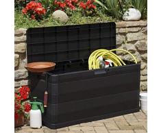 BAKAJI Baule Contenitore Multiuso in Plastica ABS Capacità 280L con Chiusura Lucchetto Multibox Country Cassapanca effetto legno da Esterno Giardino Terrazzo Dimensioni: 117 x 45 x 56h cm (Nero)