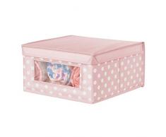 mDesign Scatola per armadi di misura media - Scatola contenitore in poliestere per vestitini e coperte - Pratico portabiancheria con coperchio e oblò frontale - rosa con pois bianchi