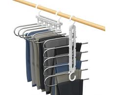 Roylvan Gruccia Pantaloni in Acciaio Inossidabile con 5 Livelli, 2 Pezzi Grucce Appendiabiti 5 in 1 Risparmio di Spazio, Appendini Multifunzionali con Imbottitura Antiscivolo, Grigio