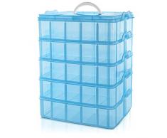 Belle Vous Scatola con Scomparti in Plastica Azzurra a 5 Livelli Impilabili - Scatoline Plastica Trasparente Regolabili - Massimo 50 scomparti - Scatole Porta Minuteria per Perline - Scatola Organizer