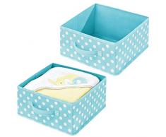mDesign Set da 2 scatole porta oggetti in fibra sintetica - Scatole per armadi e cassetti con manico e pois - Organizer armadio per bagno, camera da letto o cameretta - turchese e bianco