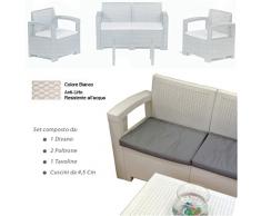 Divano con Poltrone e Tavolino/Salotto/Salottino in Polyrattan per Esterno/Arredo Giardino - Mod. Sydney Bianco