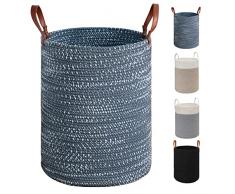 TOTANKI Cesto della biancheria X-Large - 15.7 Inches(D) x 19.7 Inches(H) - Cestino pieghevole in corda di cotone intrecciato con manici in pelle per riporre indumenti, pannolini, giocattoli(Blu)