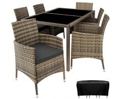 TecTake 800325 Set da Giardino in polyrattan, 6+1, Molto Pratico, Sedie con Piedini in plastica Anti-graffio (Naturale/Grigio Scuro)