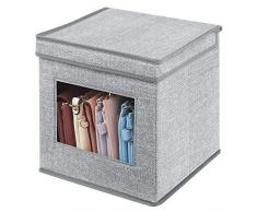 mDesign Portabiancheria con coperchio e finestra in plastica - Sostituisce le classiche scatole per armadi - Scatola contenitore quadrata in tessuto sintetico per riporre vestiti e accessori - grigio