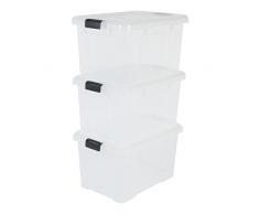 Iris Ohyama, set di tre scatole di immagazzinaggio con chiusura a scatto - Power Box - SK-450, plastica, trasparente, 50 L, 59 x 38,5 x 31,8 cm