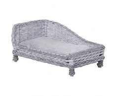 Pawhut Cuccia per Animali Domestici (15kg) Forma Chaise Longue in Vimini Grigio Cuscino in Pile 69x42x33cm