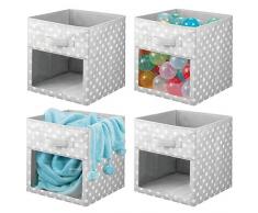mDesign Set da 4 Contenitori per armadio - Scatole per armadi per coperte o vestitini - Scatola portaoggetti in fantasia a pois e con finestrella - bianco e grigio