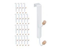 Relaxdays 20x ganci da Porta, Set Appendini Sopraporta Doppio, Ferro & Legno, Attaccapanni, 16x28x7 cm, Bianco/Naturale