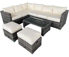 AVANTI TRENDSTORE - Lunata - Set di mobili lounge da giardino, composto da 1 divano ad angolo, 2 sgabelli e 1 tavolino, in rattan sintetico grigio e vetro trasparente, con i cuscini beige inclusi.