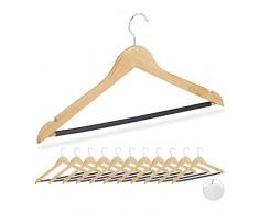 Relaxdays Set di Grucce, 12 Stampelle in Legno per Magliette & Pantaloni, con Tacche, Asta Gommata Antiscivolo, naturale