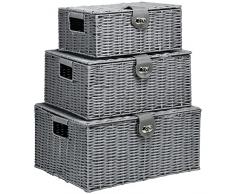 HOMCOM Set di 3 Cesti in Vimini PP con Coperchio, Contenitori Rettangolari di Diverse Dimensioni, Grigio