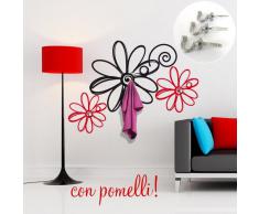 wall art 00372 Adesivo murale con Ganci per Appendiabiti Margherite Appendiabiti 2 - Misure 120x85 cm - Nero e Rosso - Decorazione Parete, Adesivi per Muro, Carta da Parati