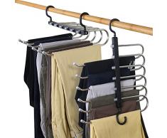 Vestiti Pantaloni Grucce, Risparmio di Spazio Armadio Grucce, 6 Strati 2 Usi Multi Funzionale Pantaloni Rack Guardaroba, Organizzatore Cremagliere per Vestiti Pantaloni Sciarpe Cravatte(Black-2PCS)