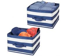 mDesign Set da 2 Scatole Armadio per Indumenti, Accessori, Giochi ECC. - Contenitori per armadi di Media grandezza in Fibra Sintetica con Manico - Organizer Armadio a Strisce - Blu Navy e Bianco