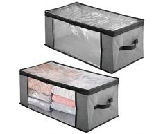 mDesign Set da 2 Scatole per armadi con cerniere e finestre – Grandi scatole contenitori in plastica e fibra sintetica – Scatole per vestiti, biancheria, lenzuola, accessori – grigio e nero