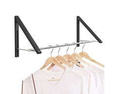 Anjuer Appendiabiti a Scomparsa - Appendiabiti a Muro Pieghevole Appendiabiti per Lavanderia Ripostiglio Organizzazione di stoccaggio, Alluminio, 2 Rack con Asta (Nero)