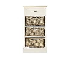 Rebecca Mobili Cassettiera per camera, mobile bagno, 1 cassetto 3 ceste, legno paulownnia vimini, grigio bianco, stile country - Misure 76 x 40 x 29 cm (HxLxP) - Art. RE4422