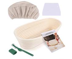 Familybox Ovale da Lievitazione, 27.6 x 13.5 x 7.5 cm Banneton Proofing per Pane e impasti Rattan Ciotola con Tela di Lino, Raschietto Pasta, Lame Taglierina Pane e Set di Ricette per antipasti