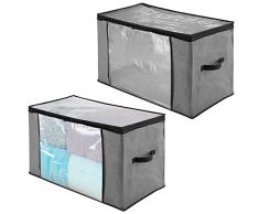 mDesign Set da 2 Scatole per armadi extra-grandi con cerniere e finestre - Scatole contenitori in plastica e fibra sintetica - Scatole per vestiti, biancheria, lenzuola, accessori - grigio e nero