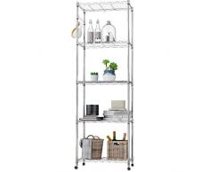 Scaffalatura in Filo su rotelle, Scaffale a 5 Ripiani, Scaffali in Metallo, Portaoggetti in Metallo per Garage, Ufficio, Bagno, Cucina, Regolabile in Altezza, Max Portata 220 kg, 59x 35x183cm