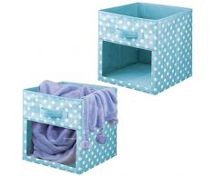 mDesign Set da 2 Contenitori per armadio - Scatole per armadi per coperte o vestitini - Scatola portaoggetti in fantasia a pois e con finestrella - turchese e bianco