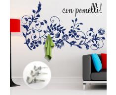 wall art 00407 Adesivo murale con Ganci per Appendiabiti Ramo Fiorito Appendiabiti - Misure 120x70 cm - Blu - Decorazione Parete, Adesivi per Muro, Carta da Parati