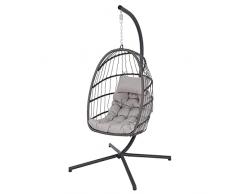 ECD Germany Sedia Sospesa con Supporto e Cuscino per Giardino Balcone Colore Grigio Sedia Appesa con Telaio in Acciaio e Cuscino Poltrona Sospesa in Polyrattan con Cuscino Seduta Pieghevole da Esterno