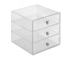 iDesign Porta trucchi con 3 cassetti, Mini cassettiera per trucco, gioielli e cosmetici, Organizzatore trucchi in plastica a forma di cubo, trasparente