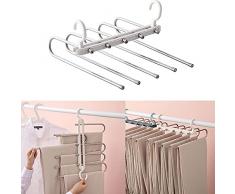 5 in 1 Acciaio Inossidabile Grucce Pantaloni, Antiscivolo Appendiabiti per Pantaloni Magici,Porta Pantaloni,Appendini Portatili Multifunzionali,Appendiabiti Multiuso,Multiuso Hanger(Bianca)