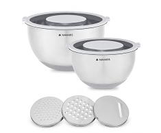 Navaris 2X Ciotole Salvaspazio Salvafreschezza 2.8/4.7L - Recipienti Preparazione Conservazione Alimenti - Ventosa Antiscivolo Antislip -3X Grattugie