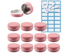 ZEOABSY 10 Pezzi 15 ml Rosa Barattoli di alluminio Scatola Alluminio a Vite Vasetti Rotondo per DIY Candele Cosmetico Caramella Gadget Balsamo Labbra con 1 Etichette e 5 Cucchiaio