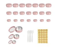 FIGFYOU 24 Pz Vasetti Alluminio Barattoli Alluminio Vuoti Contenitori Vuoti per Cosmetici 5ml/ 10ml/ 15ml Scatola di Alluminio Rotondi con Etichette e Mini Spatola per Cosmetici Artigianato Viaggio