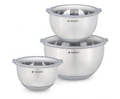 Navaris 3X Ciotole Salvaspazio Salvafreschezza - Recipienti Preparazione e Conservazione Alimenti - con Base Antiscivolo - 3X Misure 1,4L 2,8L 4,7L