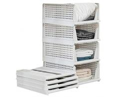 Set di 4 scatole pieghevoli per guardaroba, in plastica, per scaffali, cestini, cassetti impilabili ed estraibili, per il trasporto, colore bianco