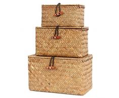 FEILANDUO Set di 3 Cestini con Coperchio Intrecciati a Mano in Marina, Organizer per Trucchi Multiuso Cestini Portaoggetti Cesta Vimini con Coperchio Cestino Naturale Intrecciato con Alghe (Piccolo)