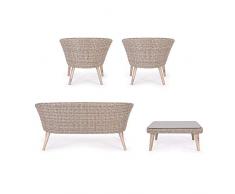 Salotto polirattan 2 poltrone divano tavolino cuscini beige esterno Madeira