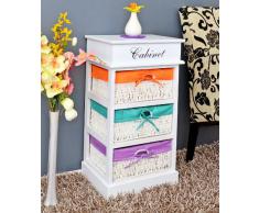 Petite commode du style campagnard Table de chevet en blanc avec trois paniers colorés en vert, orange et pourpre