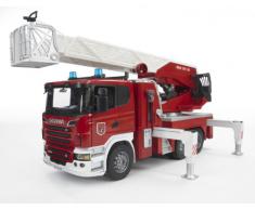 Bruder - 3590 - Véhicule Miniature - Camion - Pompier Scania R-Série avec Echelle et Pompe à Eau Fonctionnelles - Module Son et Lumière