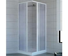 Box douche à deux portes fermeture à angle à 90 °. Produit en PVC atoxique auto-extinguible. Réductible par le coupe du rail. Blanc.