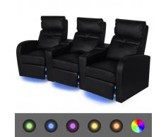 vidaXL Poltrona da Cinema Reclinabile a 3 posti con LED Pelle Artificiale Nera