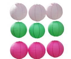 JTC 9pc Lanterne en Papier Lampion avec Fer Décoration de Maison/de Fête--3pc Rose clair+3pc Violet foncé+3pc Rose rouge (diamètre :20CM)