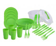 Service de 26 pièces - plats de service avec couvercle, assiette, coupelles, gobelets, couverts - pour 4 personnes - pour pique-nique, voyage ou camping - vaisselle