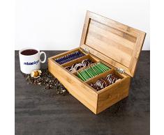 Relaxdays Boîte à thé avec couvercle en bambou 4 compartiments 80 sachets de thé HxlxP 9 x 28,5 x 16 cm Rangement couvercle, nature
